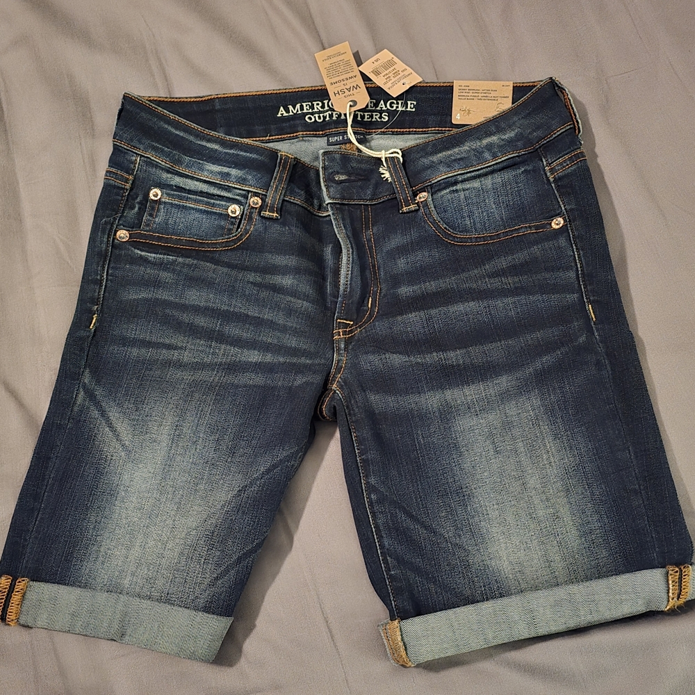 American Eagle Outfitters Dark Blue Low Rise "Skinny Bermuda" Jean Shorts